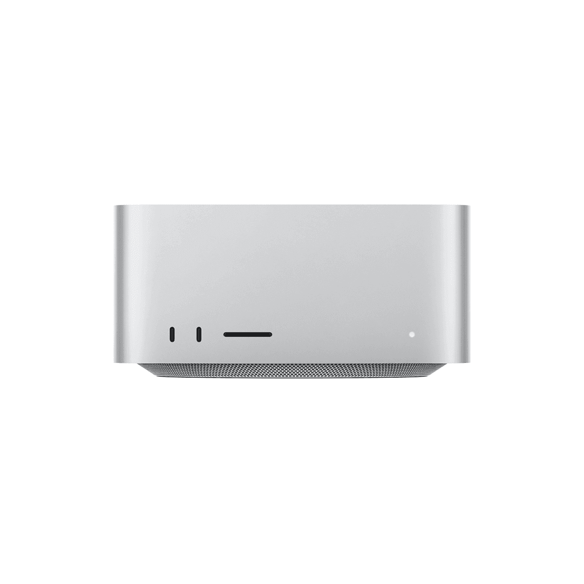 Apple Mac Studio (M4 Max / M3 Ultra) compact desktop workstation, top-down angled view