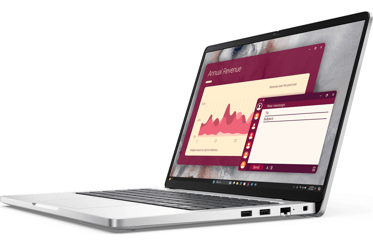 Dell Pro 14 (PC14250) business laptop, open angled view, silver chassis