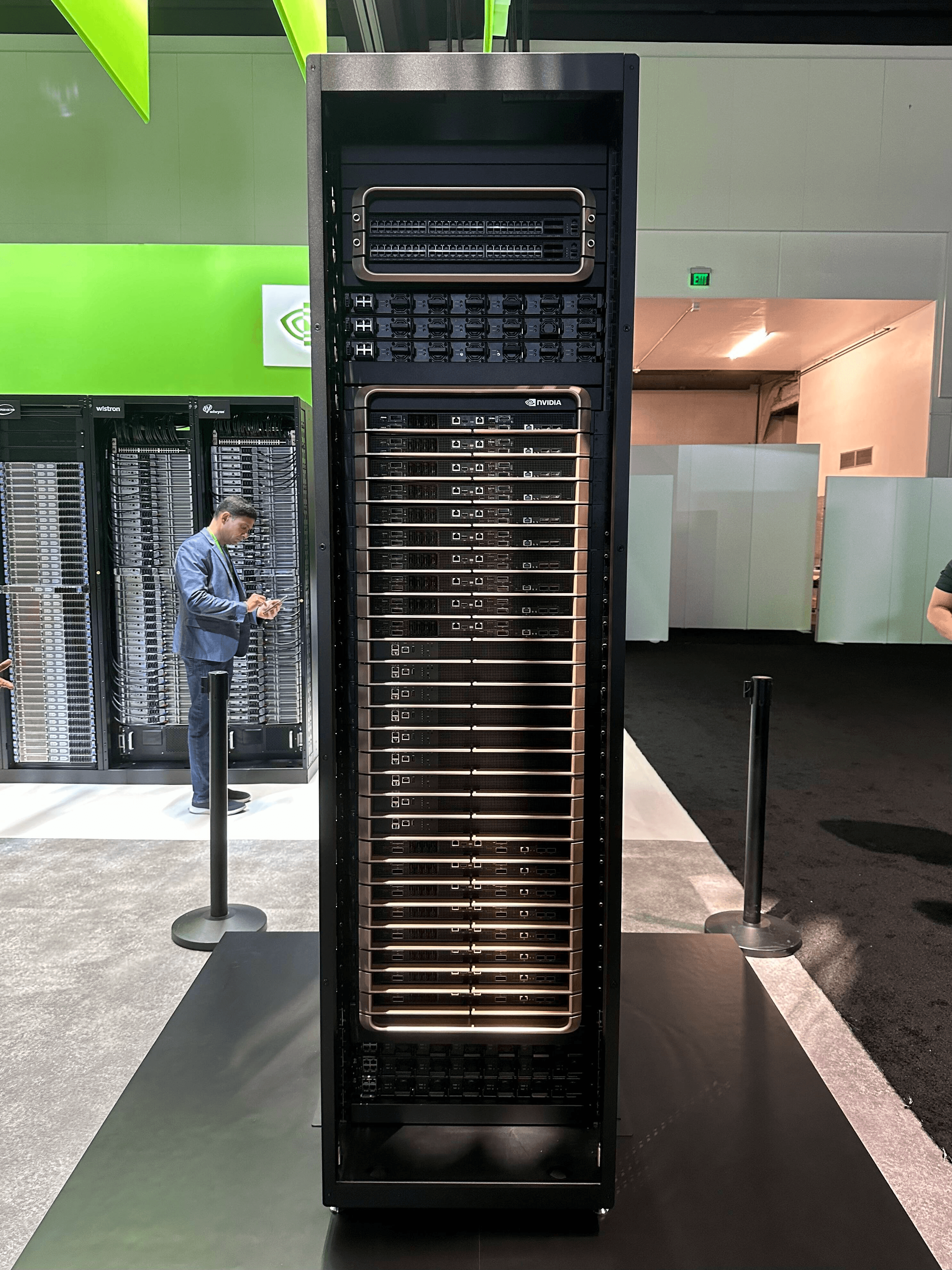NVIDIA GB200 NVL72 rack-scale liquid-cooled AI system — 72 Blackwell GPUs and 36 Grace CPUs