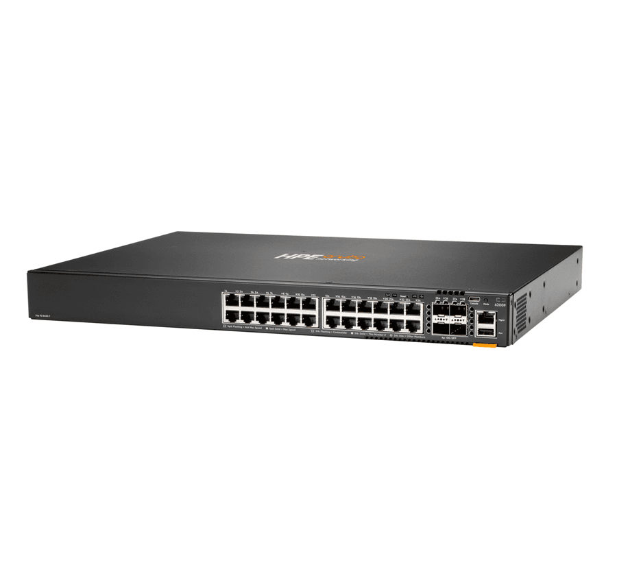 HPE Aruba Networking CX 6200F stackable access PoE switch, front view