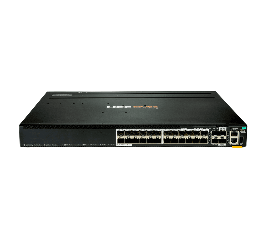 HPE Aruba Networking CX 6300M stackable Layer 3 access switch, front view