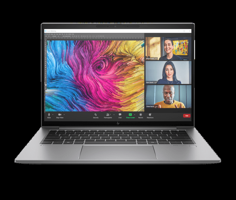 HP ZBook Firefly 14 inch G11 mobile workstation, open front view on a video call