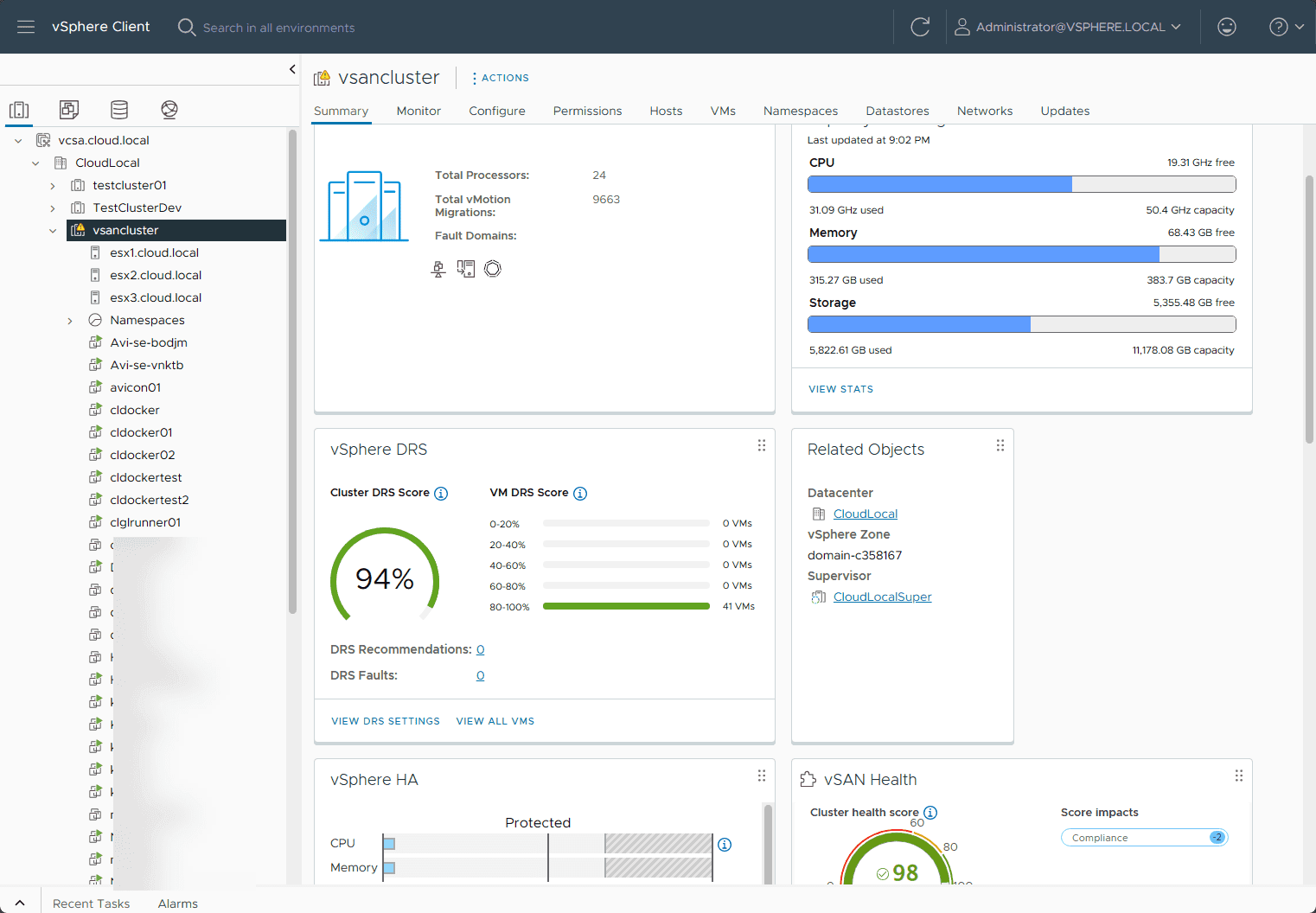 VMware vSAN management dashboard in vCenter