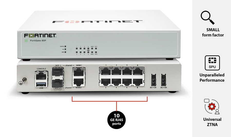 Fortinet FortiGate 80F desktop next-generation firewall with SFP ports front view